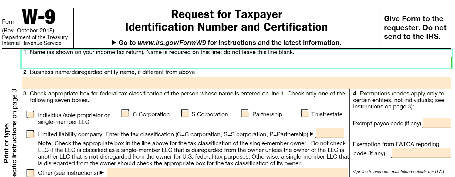 online w-9 tax form box 1
